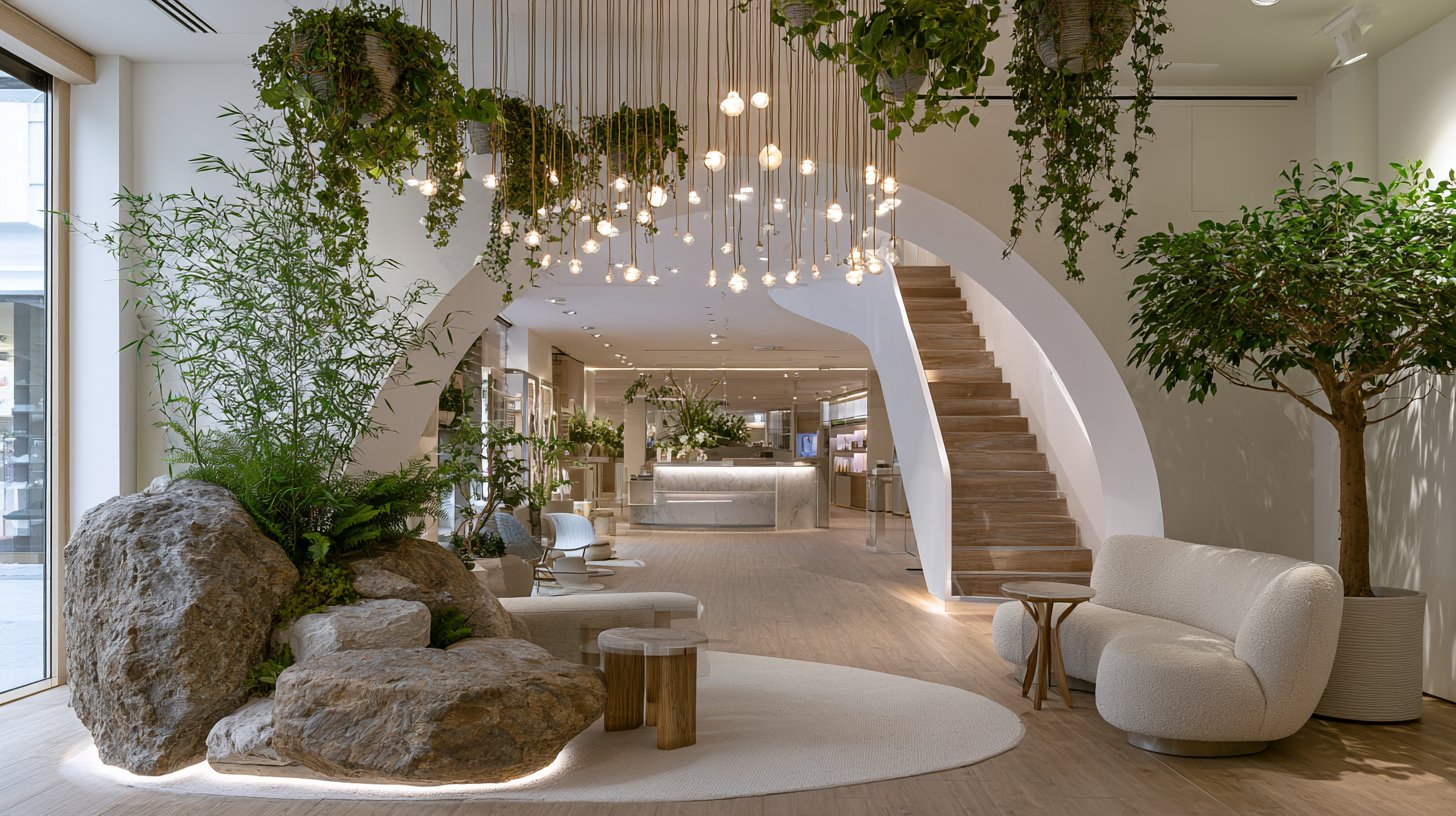 Espacio biofílico con vegetación natural y luz en lobby profesional