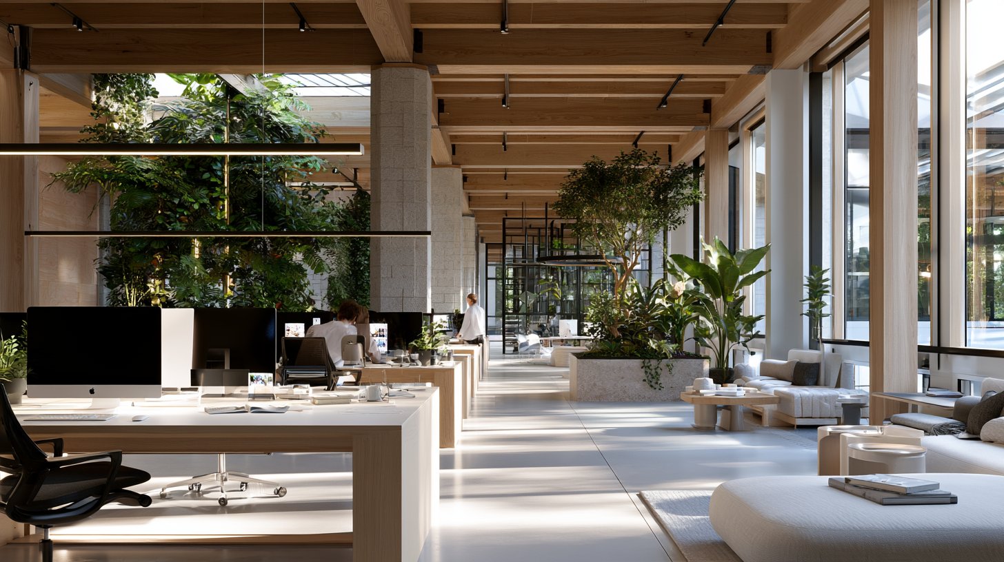 Oficina open space con diseño biofílico: plantas, luz natural y espacios de trabajo