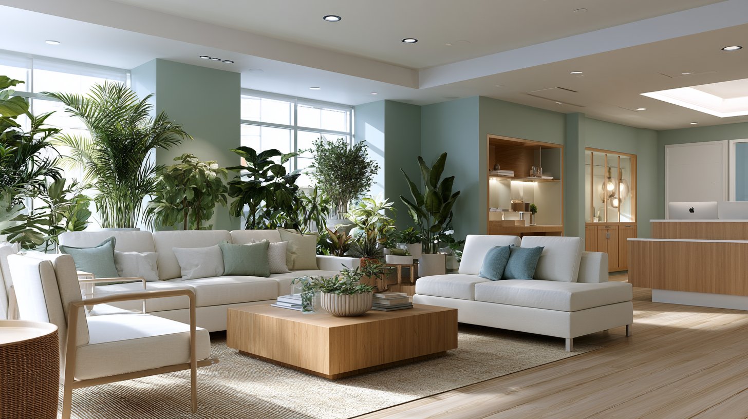 Sala de espera con diseño biofílico: plantas, luz natural y ambiente calmante