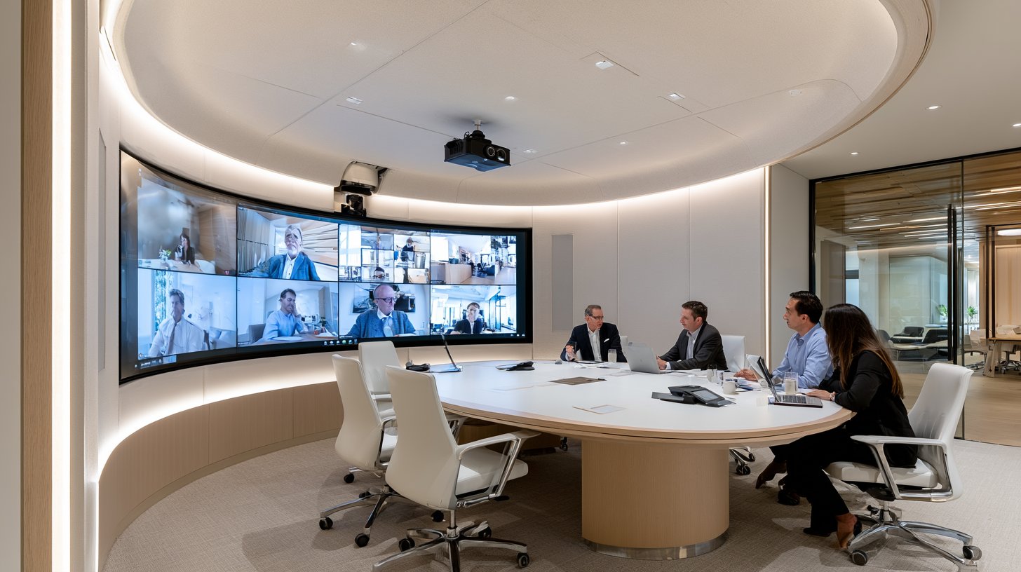 Sala de reuniones híbrida con pantalla panorámica y participantes remotos
