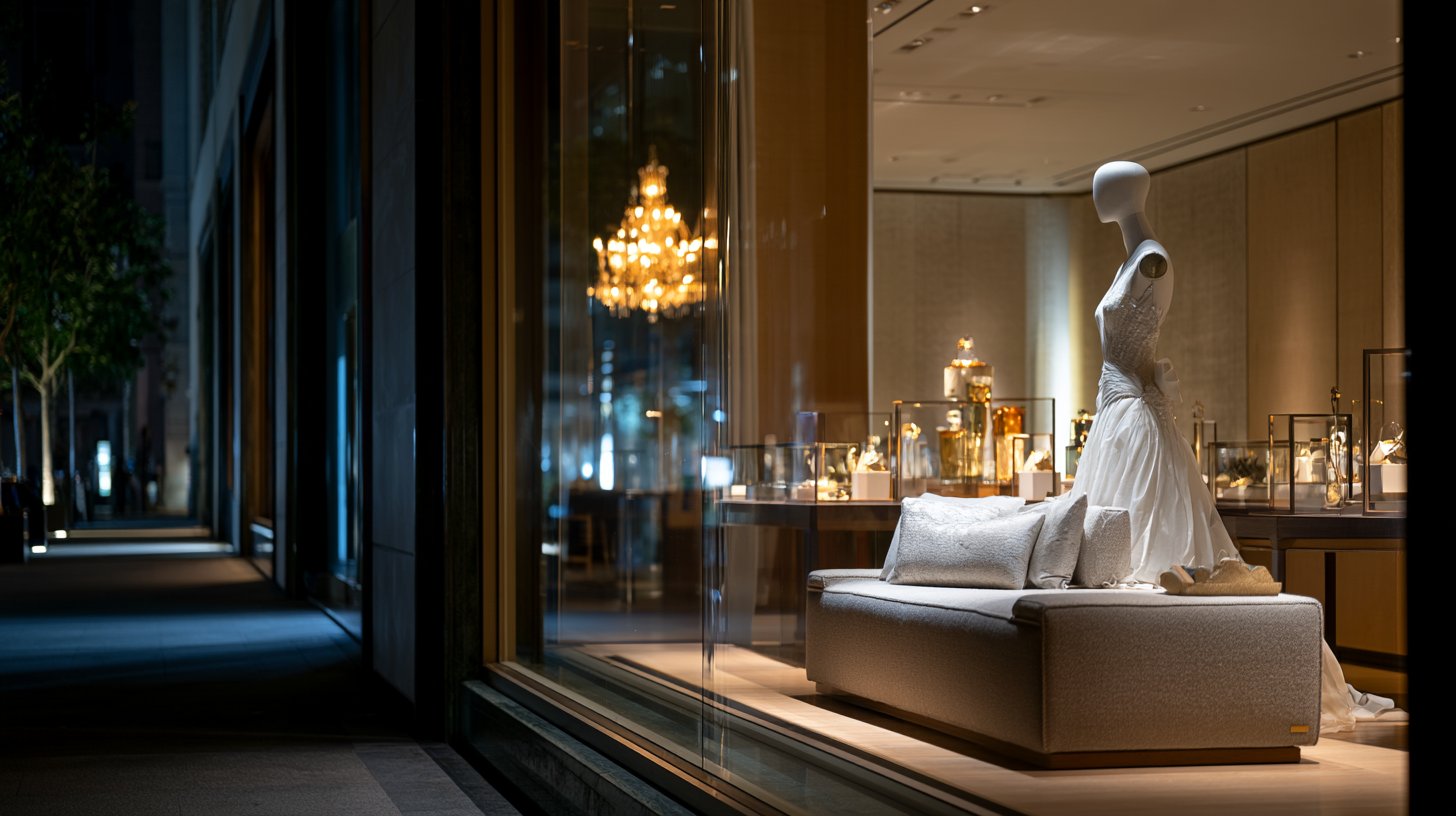 Escaparate de tienda de moda de lujo con iluminación nocturna