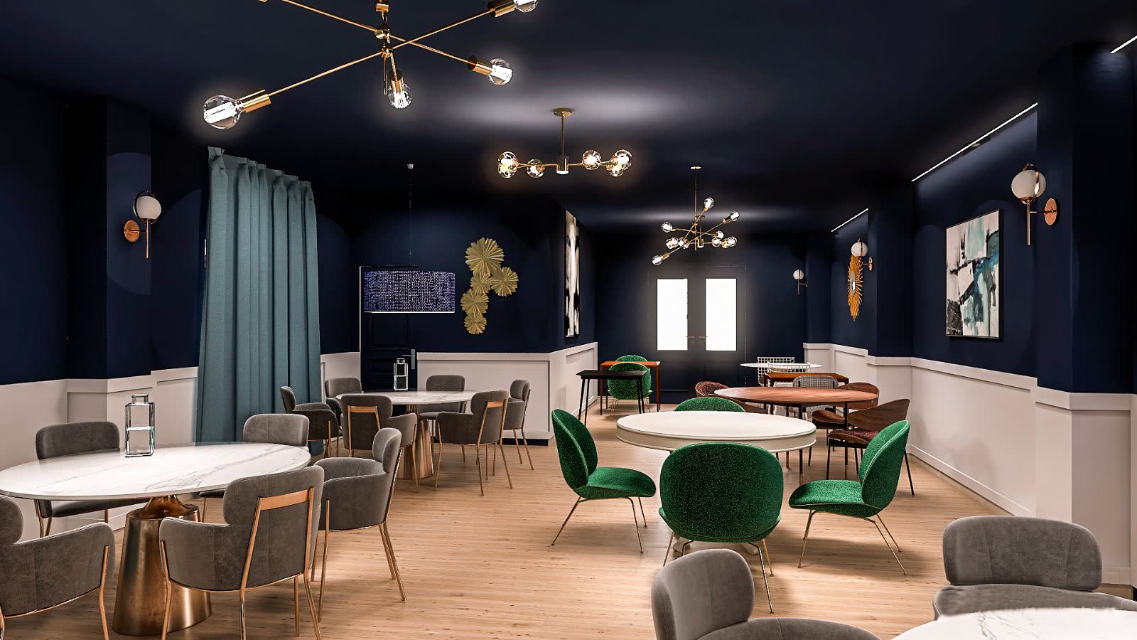 Restaurante Mediterráneo - Diseño interior elegante con paleta azul marino y verde esmeralda