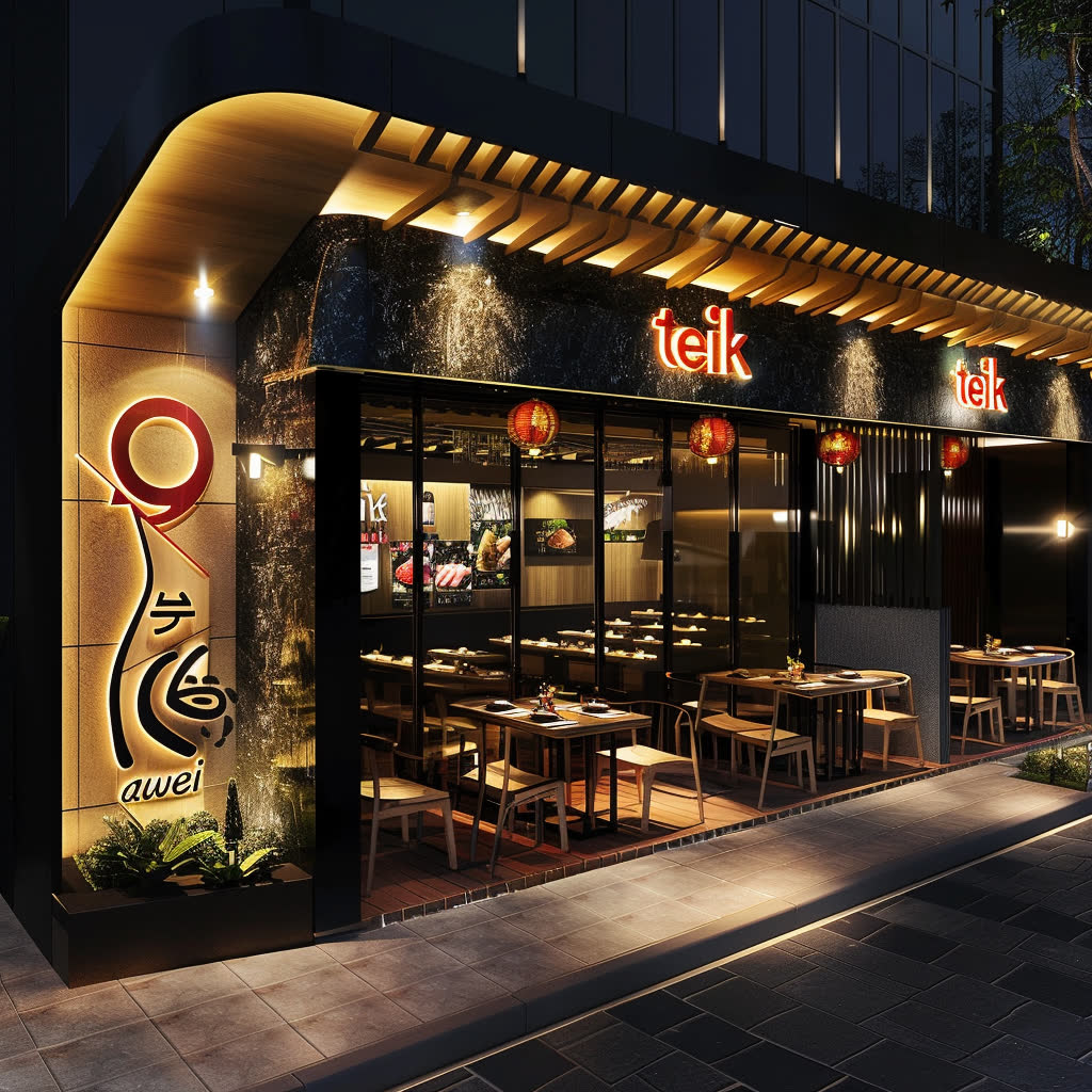 Restaurante Teik Awei - Diseño de fachada moderna con identidad japonesa contemporánea