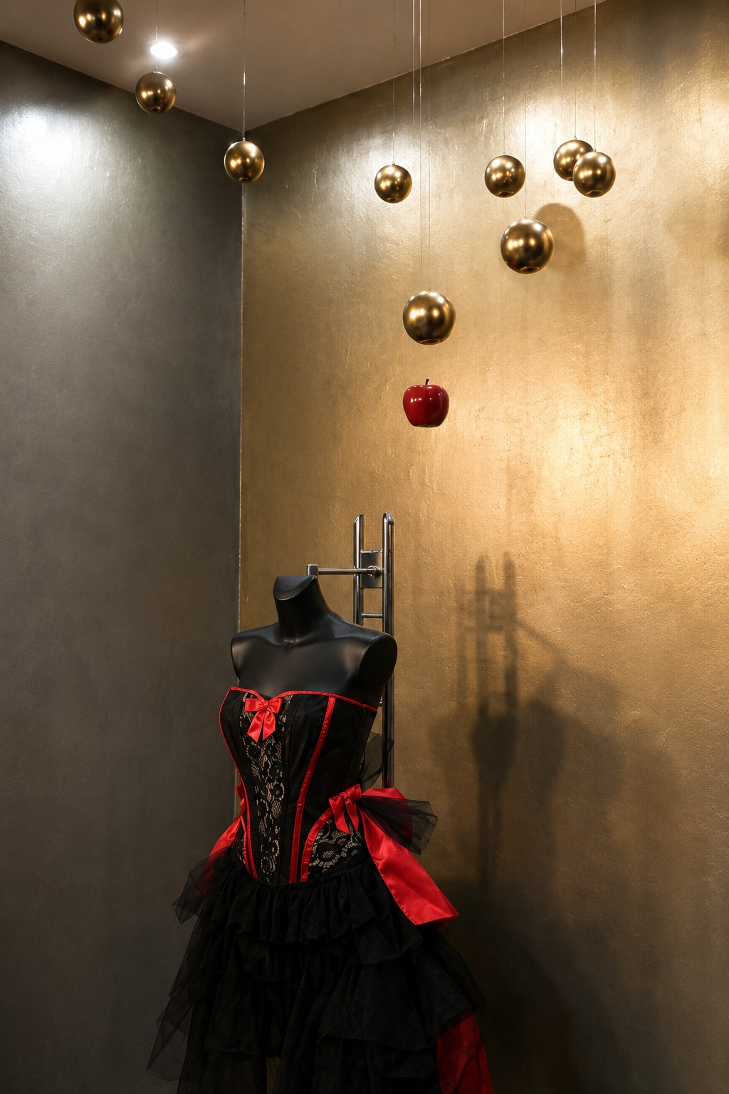 La Eroteca — Visual merchandising con maniquí y manzana roja sobre pared dorada