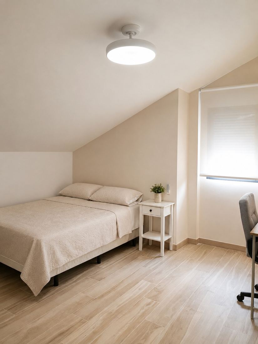 Dormitorio abuhardillado con escritorio y mesilla