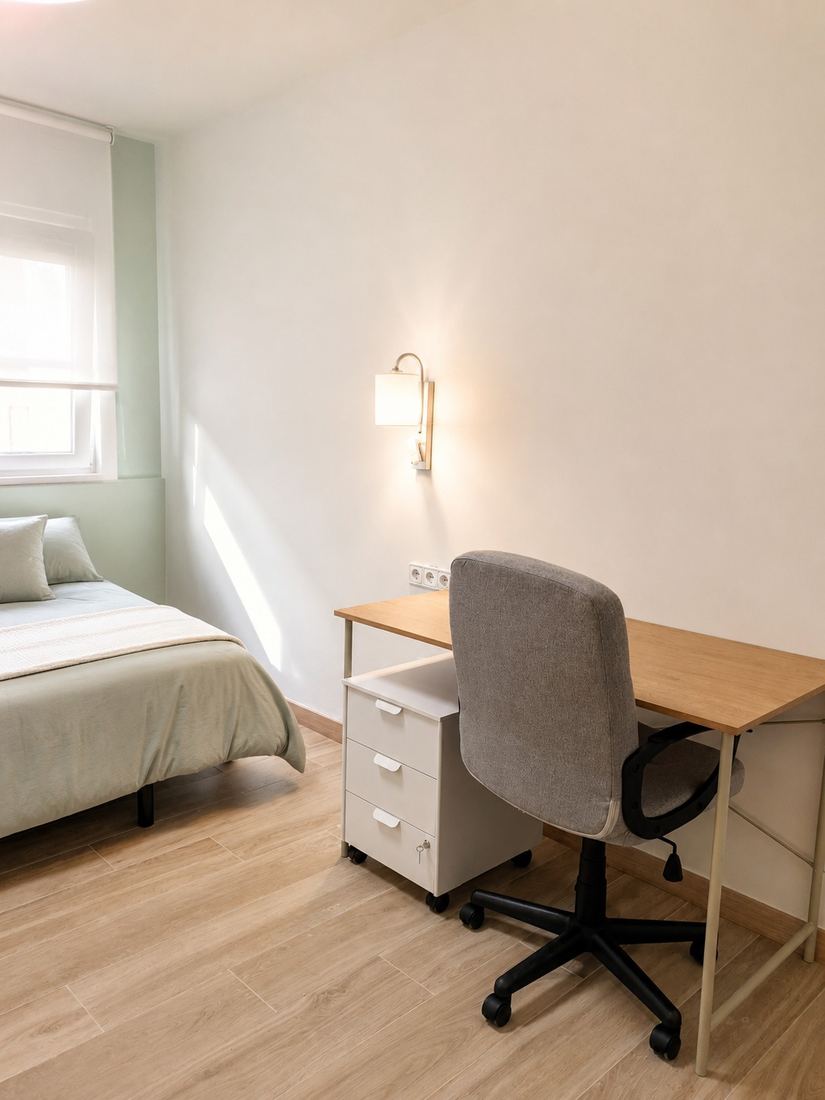 Dormitorio con acento de color sobre base neutra