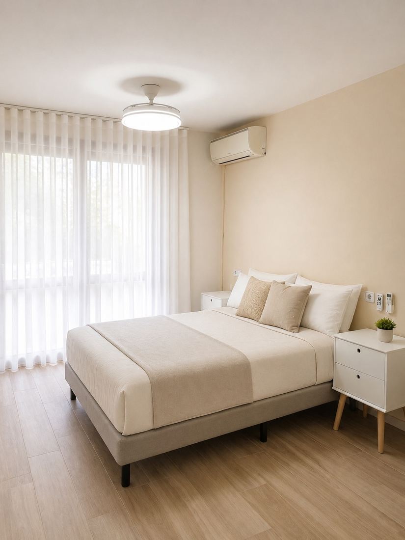 Dormitorio luminoso con cortinas y aire acondicionado